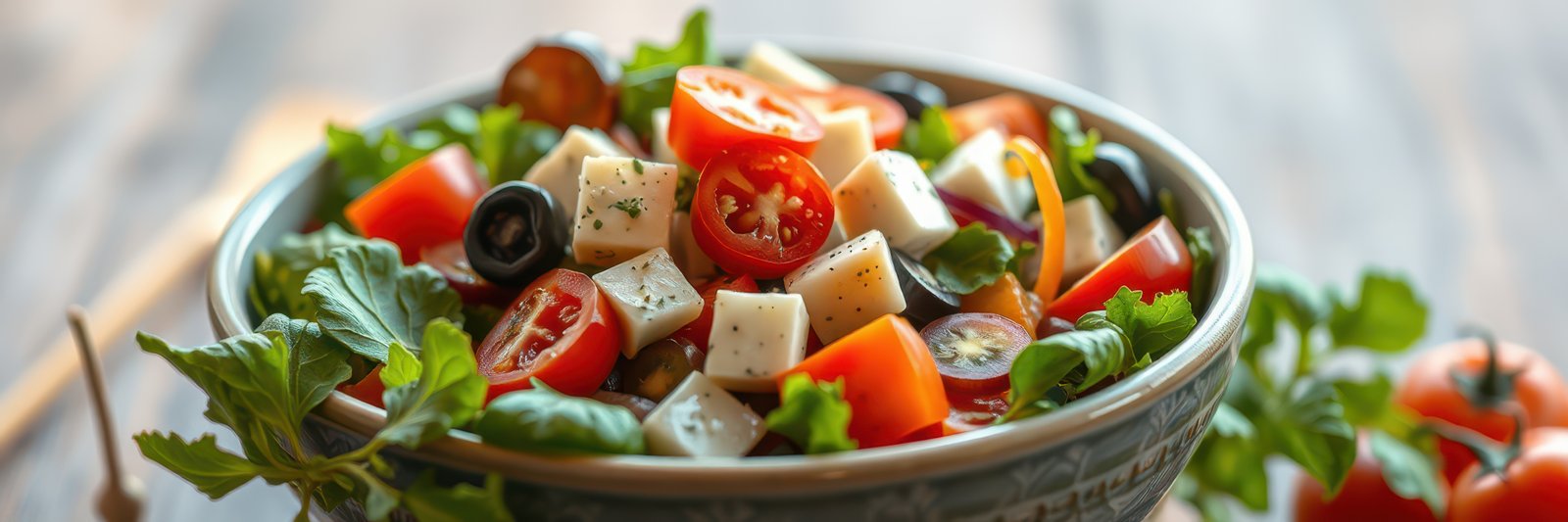 Fresh vegetable salad with tomatoes, olives, and cheese served in a bowl on a wooden table